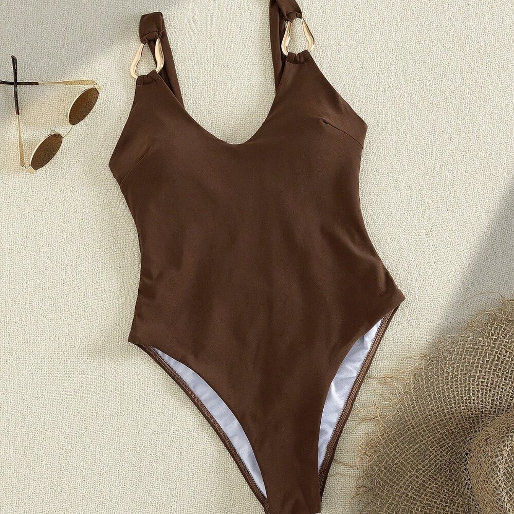 Brown Elegant Women's Sexy V-Neck One-Piece Swimsuit - Picture 2 of 5